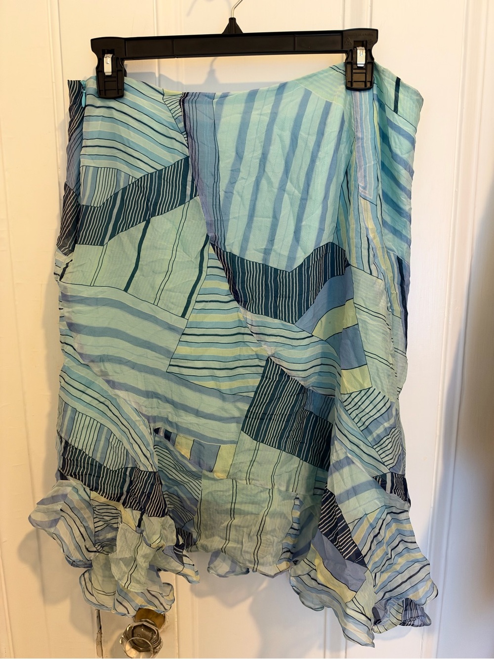 Vintage Dana Buchman Striped Patchwork Ruffle-Hem Skirt in Light Blue & Aqua